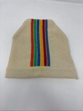 Vintage Meister Wool Cream Knit Beanie with Rainbow Stripes